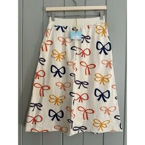 A-Line Bow Print Skirt - Navy, Orange, Yellow on Cream
